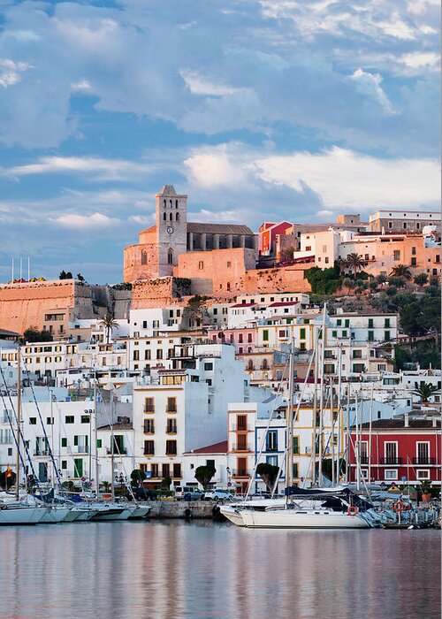 Built Structure Greeting Card featuring the photograph Ibiza Town At Sunrise by Jorg Greuel