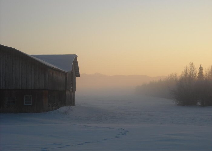 Barn Greeting Card featuring the photograph Ice Fog at -50 by Cathy Mahnke
