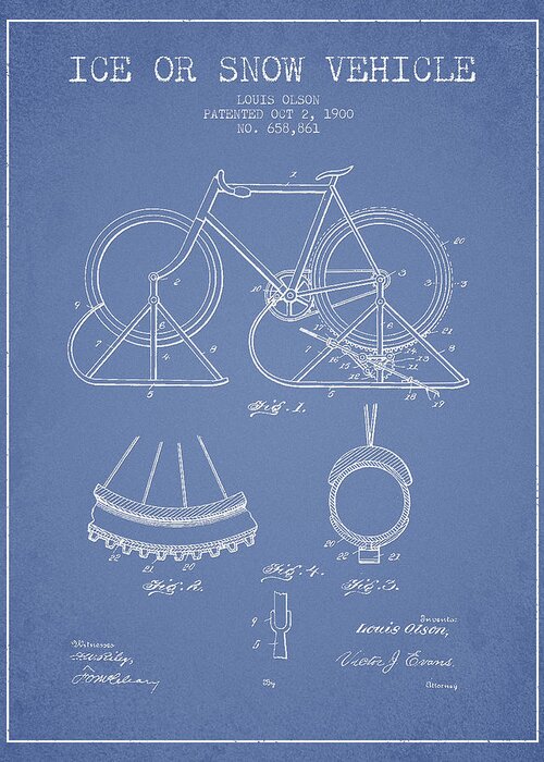 Bicycle Greeting Card featuring the digital art Ice or snow Vehicle Patent Drawing from 1900 - Light Blue by Aged Pixel