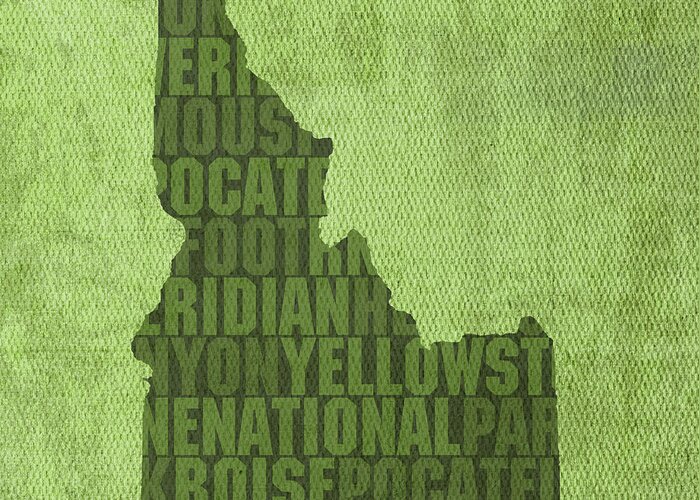 Idaho Boise Pocatello State Word Outline Map Usa Yellowstone Meridian Gem Northwest Potato Famous Greeting Card featuring the mixed media Idaho State Word Art Map on Canvas by Design Turnpike