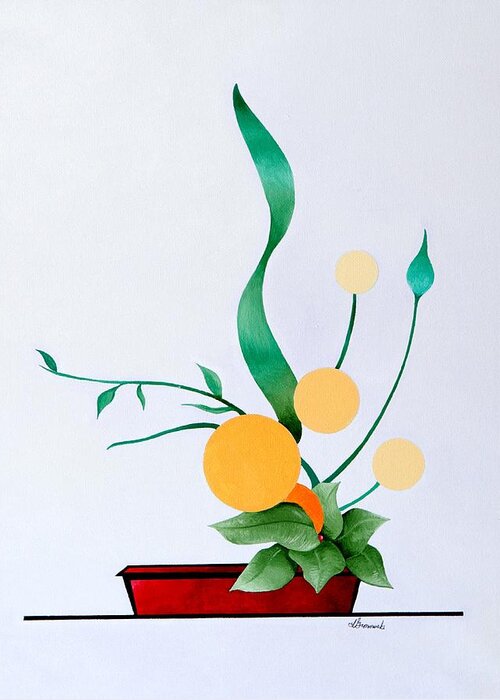 Botanical Greeting Card featuring the painting Ikebana #1 Red Pot by Thomas Gronowski