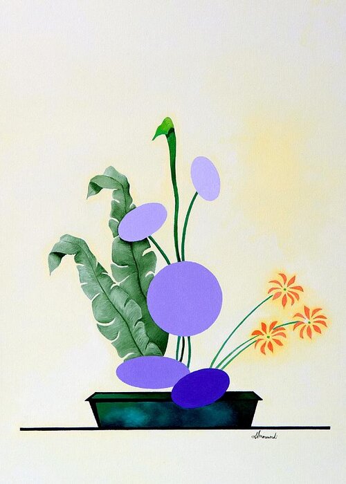 Botanical Greeting Card featuring the painting Ikebana #2 Green Pot by Thomas Gronowski