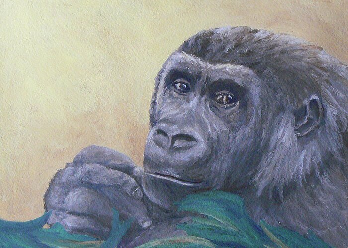 Gorilla Greeting Card featuring the painting I'm Watching You by Margaret Saheed