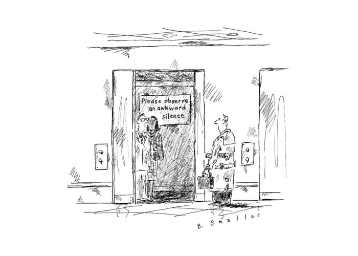 Captionless Elevator Greeting Card featuring the drawing In An Elevator A Sign Reads by Barbara Smaller