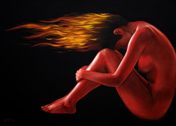 Nude Greeting Card featuring the painting In Flame by Glenn Pollard