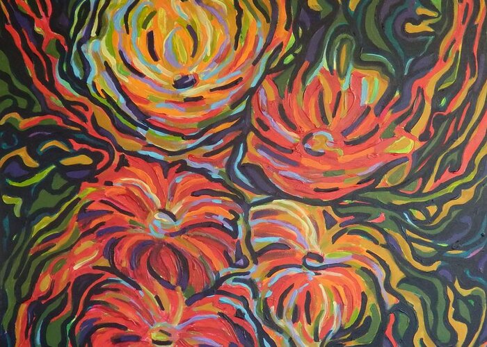 Zinnias Greeting Card featuring the painting In full bloom by Zofia Kijak