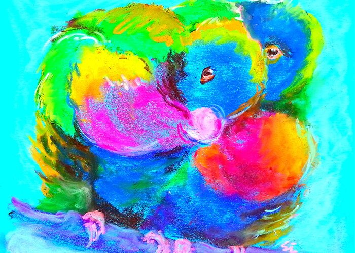Rainbow Lorikeets Greeting Card featuring the painting In Love Birds - Lorikeets by Sue Jacobi