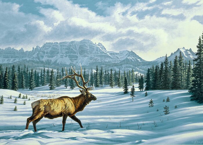 Landscape Greeting Card featuring the painting In the Absarokas - Elk by Paul Krapf