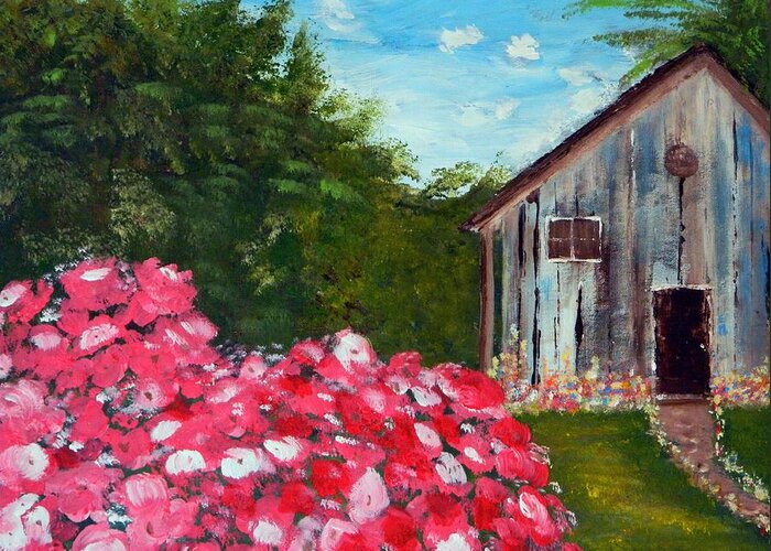 Flowers Greeting Card featuring the painting In The Backyard by Everette McMahan jr