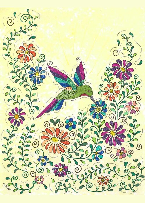 Bird Greeting Card featuring the painting In The Garden - Hummer by Susie WEBER