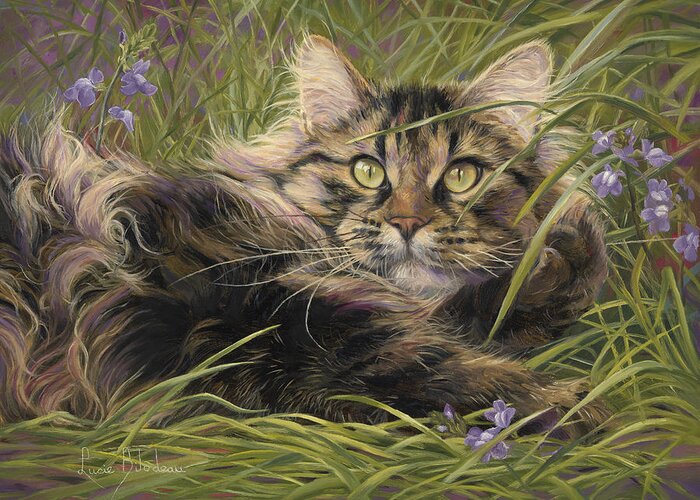Cat Greeting Card featuring the painting In The Grass by Lucie Bilodeau