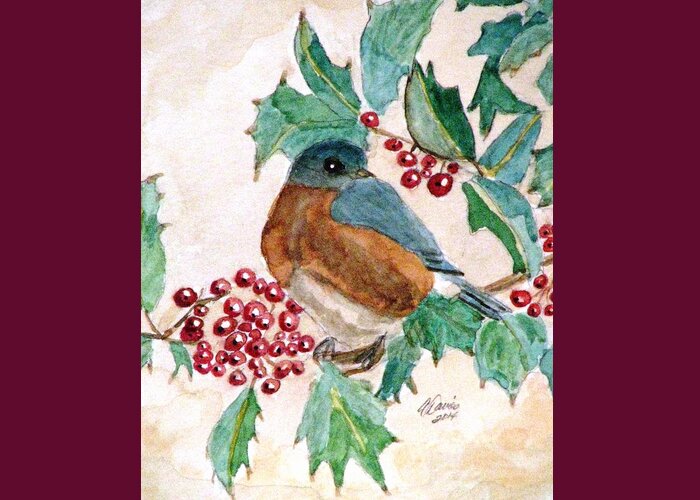 Bluebirds Greeting Card featuring the painting In The Holly Tree by Angela Davies