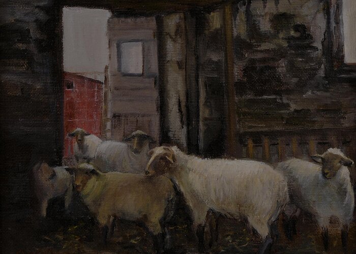 Sheep Greeting Card featuring the painting In the Shed by Aurelia Nieves-Callwood