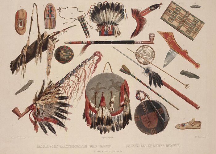 Karl Bodmer Greeting Card featuring the drawing Indian Implements and Arms by Karl Bodmer