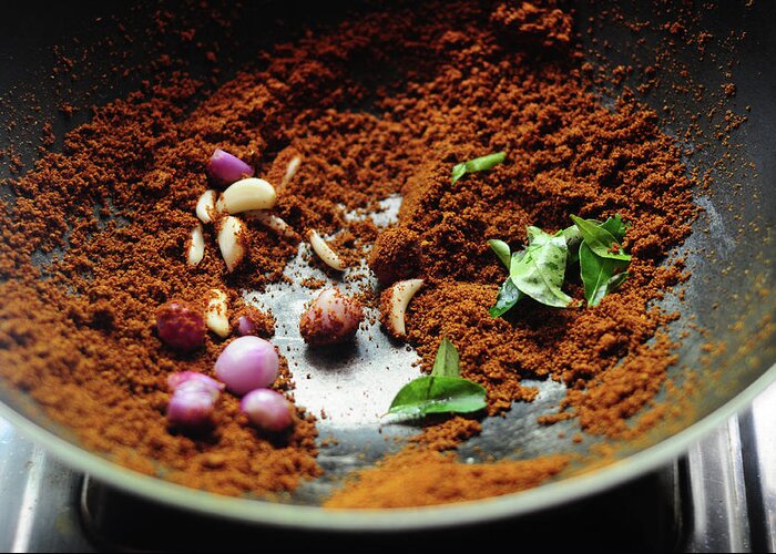 Masala Greeting Card featuring the photograph Indian Spices Roasting In Pan by Nags . Edible Garden
