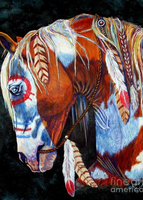 Indian Greeting Card featuring the painting Indian War Pony by Amanda Hukill