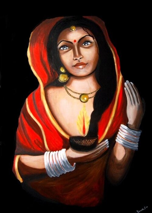 Traditional Indian Woman With Lamp Greeting Card featuring the painting Indian woman with lamp by Saranya Haridasan