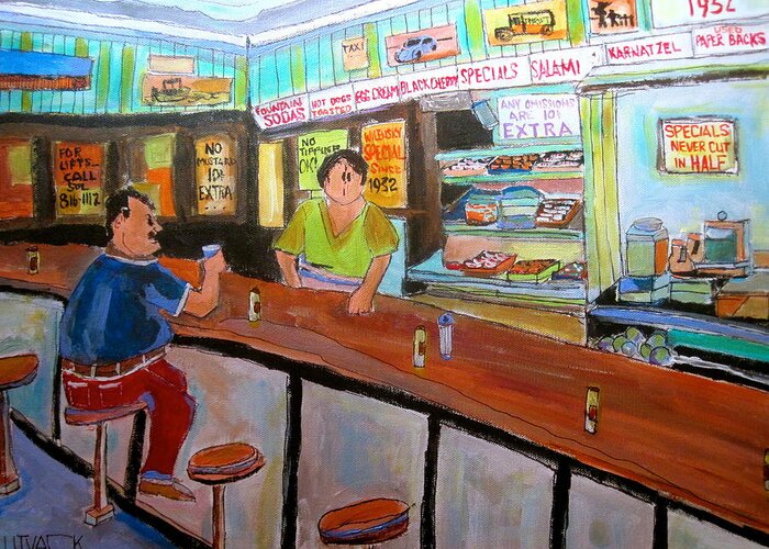 Wilensky's Snack Bar Greeting Card featuring the painting Inside Wilensky's by Michael Litvack