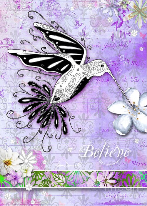 Hummingbird Greeting Card featuring the painting Inspirational Hummingbird Purple Flowers Paisley Pattern Believe by Megan Duncanson by Megan Aroon