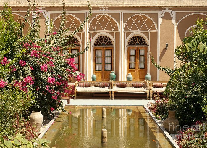 Yazd Greeting Card featuring the photograph Interior Garden With Pond In Yazd Iran by JM Travel Photography