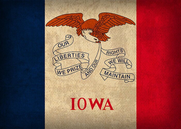 Iowa Greeting Card featuring the mixed media Iowa State Flag Art on Worn Canvas by Design Turnpike