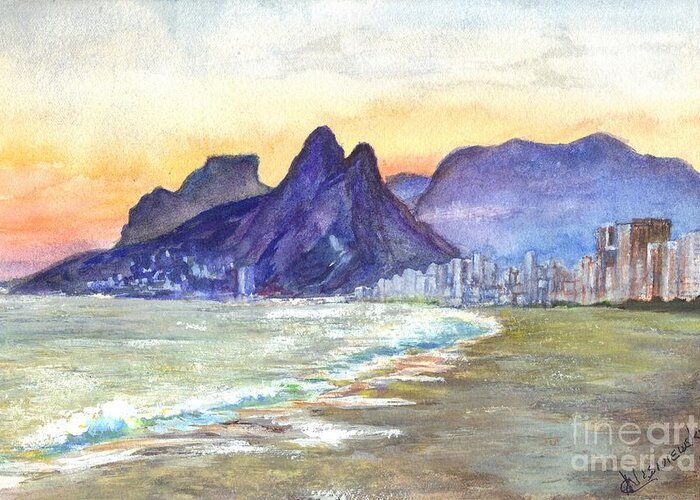 Beach Greeting Card featuring the painting Sugarloaf Mountain and Ipanema Beach at Sunset Rio DeJaneiro Brazil by Carol Wisniewski