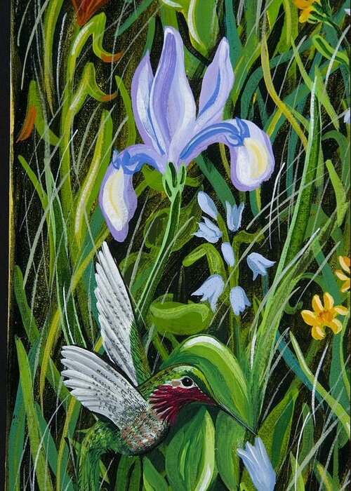 Iris Greeting Card featuring the painting Iris's Hummingbird by Jennifer Lake