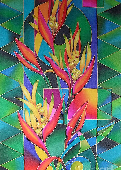 Fiji Islands Greeting Card featuring the painting Island Flowers - Heliconia by Maria Rova
