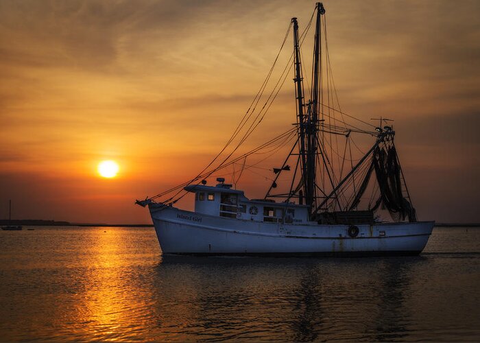Shrimp Boat Sunset. Fernandina Beach Sunset Greeting Card featuring the photograph Island Girl Shrimp Boat by Island Sunrise and Sunsets Pieter Jordaan