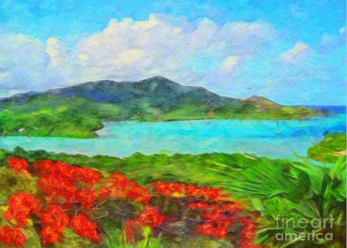 Sharkcrossing Greeting Card featuring the painting H Island View with Flamboyant - Horizontal by Lyn Voytershark