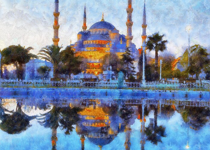 Istanbul Blue Mosque Greeting Card featuring the painting Istanbul Blue Mosque by Lilia D