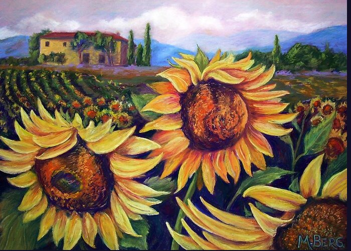 Pastel Greeting Card featuring the pastel Italian Sunflowers Up Close and Personal by Marian Berg