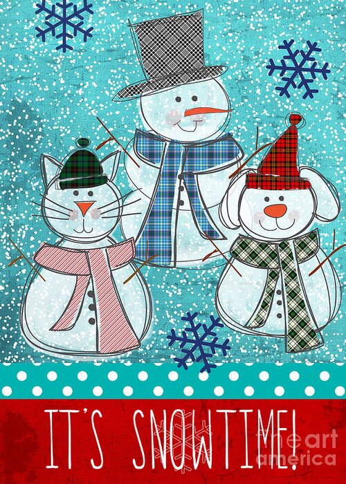 Snowman Greeting Card featuring the painting It's Snowtime by Linda Woods