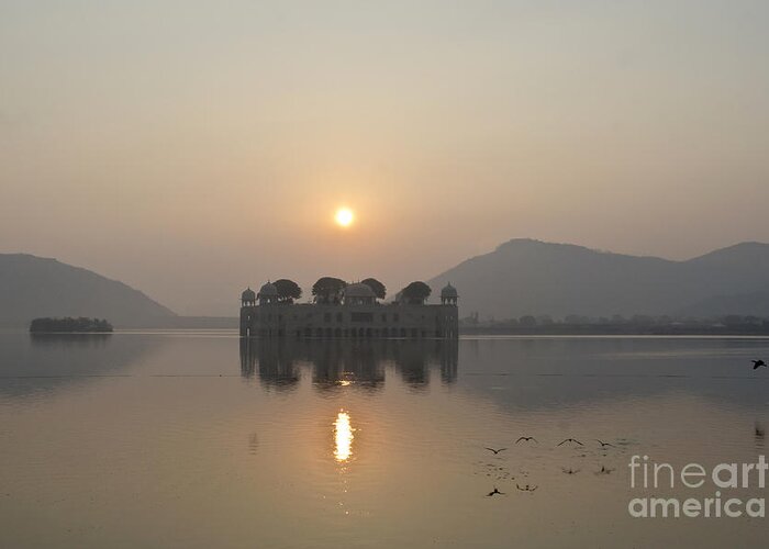 Sunrise Greeting Card featuring the photograph Jal Mahal in sunrise by Elena Perelman