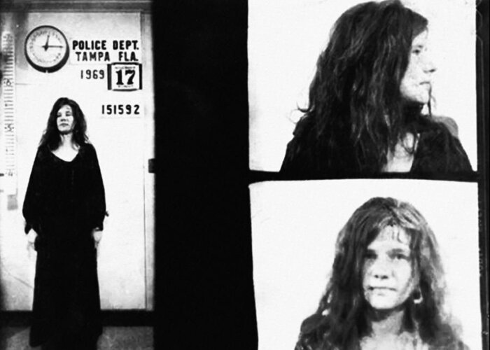 Janis Greeting Card featuring the photograph Janis Joplin Mugshot in Black and White by Digital Reproductions