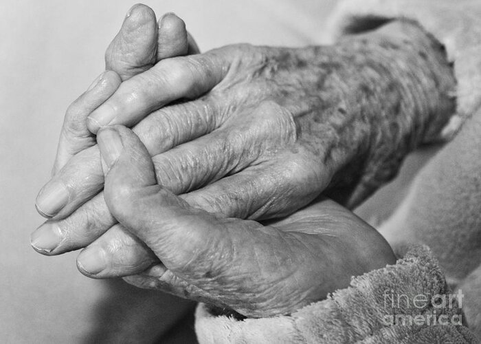 Black And White Greeting Card featuring the photograph Jan's Hands by Roselynne Broussard