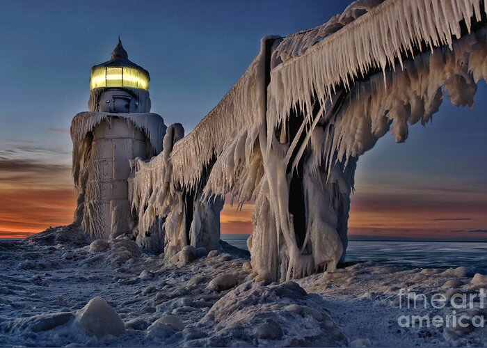 Lighthouse Greeting Card featuring the photograph January Sunset on North Pier IIl by Brett Maniscalco