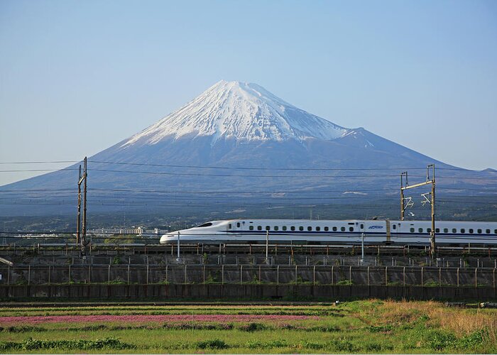 Scenics Greeting Card featuring the photograph Japan, Shinkansen And Mt. Fuji by Hiroshi Higuchi