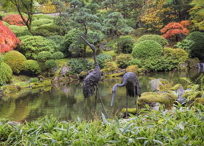 Bronze Greeting Card featuring the photograph Japanese Bronze Cranes Sculpture by Pond by David Gn