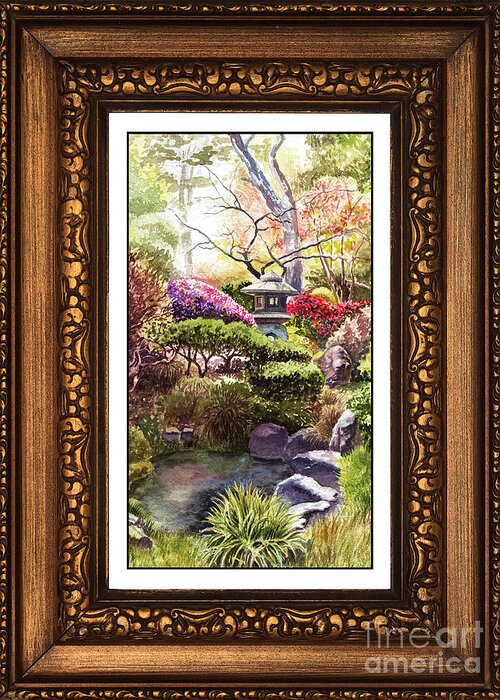 Japanese Gaden Greeting Card featuring the painting Japanese Garden In Vintage Frame by Irina Sztukowski