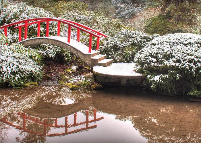 Japanese Gardensnowfallbridgereflectiongardenkubota Garden Greeting Card featuring the photograph Japanese Garden Snowfall 2 by Jeff Cook