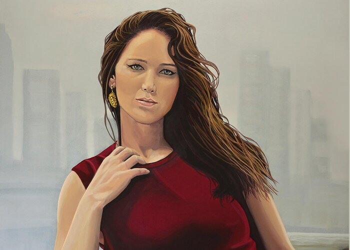 Jennifer Lawrence Greeting Card featuring the painting Jennifer Lawrence Painting by Paul Meijering