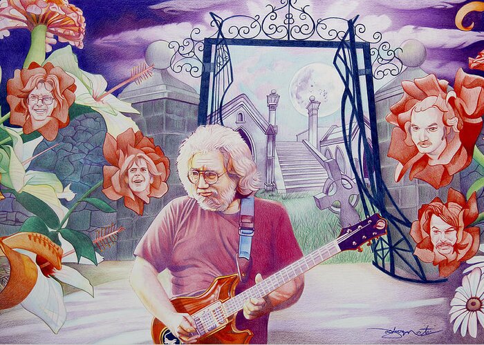Jerry Garcia Greeting Card featuring the drawing Jerry Garcia-American Beauty by Joshua Morton