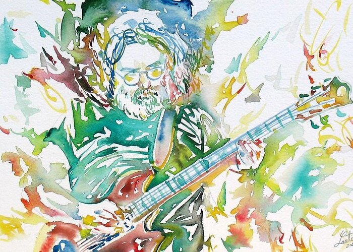 Jerry Greeting Card featuring the painting JERRY GARCIA PLAYING the GUITAR watercolor portrait.1 by Fabrizio Cassetta