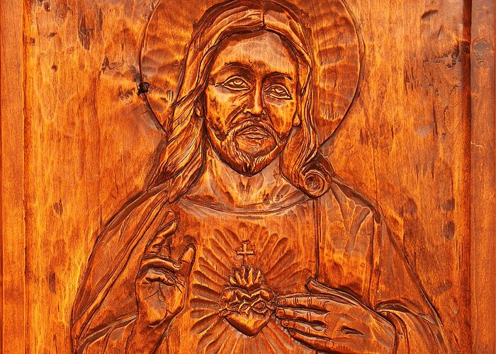 Spanish Greeting Card featuring the photograph Jesus from a door panel at Santuario de Chimayo by Alan Vance Ley