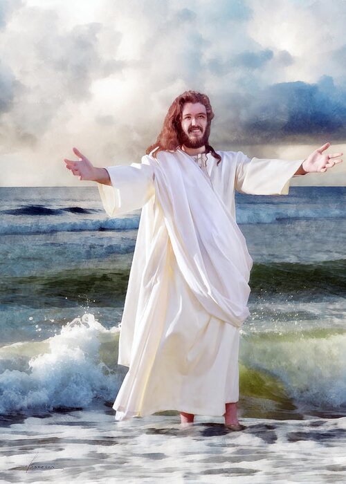 Storm Greeting Card featuring the digital art Jesus On the Sea by Frances Miller