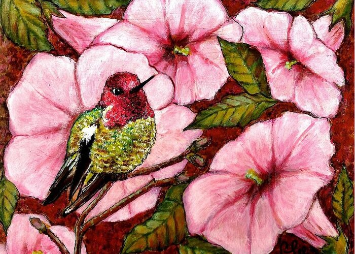 Bird Greeting Card featuring the painting Jewel Among Blooms by VLee Watson