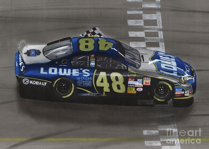 Car Greeting Card featuring the drawing Jimmie Johnson Wins by Paul Kuras