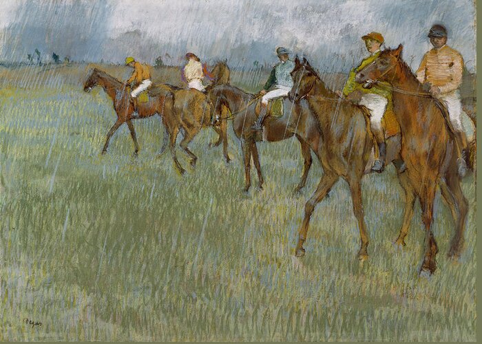 Horse Greeting Card featuring the drawing Jockeys In The Rain, 1886 by Edgar Degas