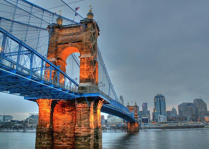 Hdr Greeting Card featuring the photograph John A Roebling Suspension Bridge Cincinnati Ohio by Jeremy Lankford